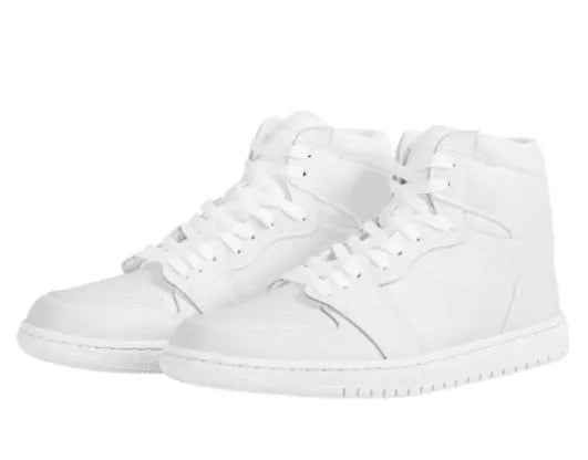 White high-top lace-up basketball shoes with artificial PU upper and rubber sole, sizes 36-45
