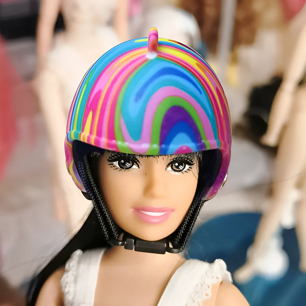 A small plastic pet helmet for chickens, showing one of the 12 design variants including rainbow, zodiac, or smiley face prints.