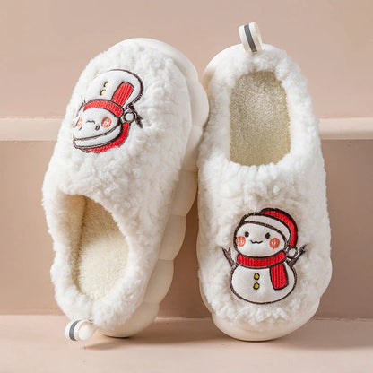 Cozy snowman-designed slippers with plush upper and anti-slip sole for indoor winter wear