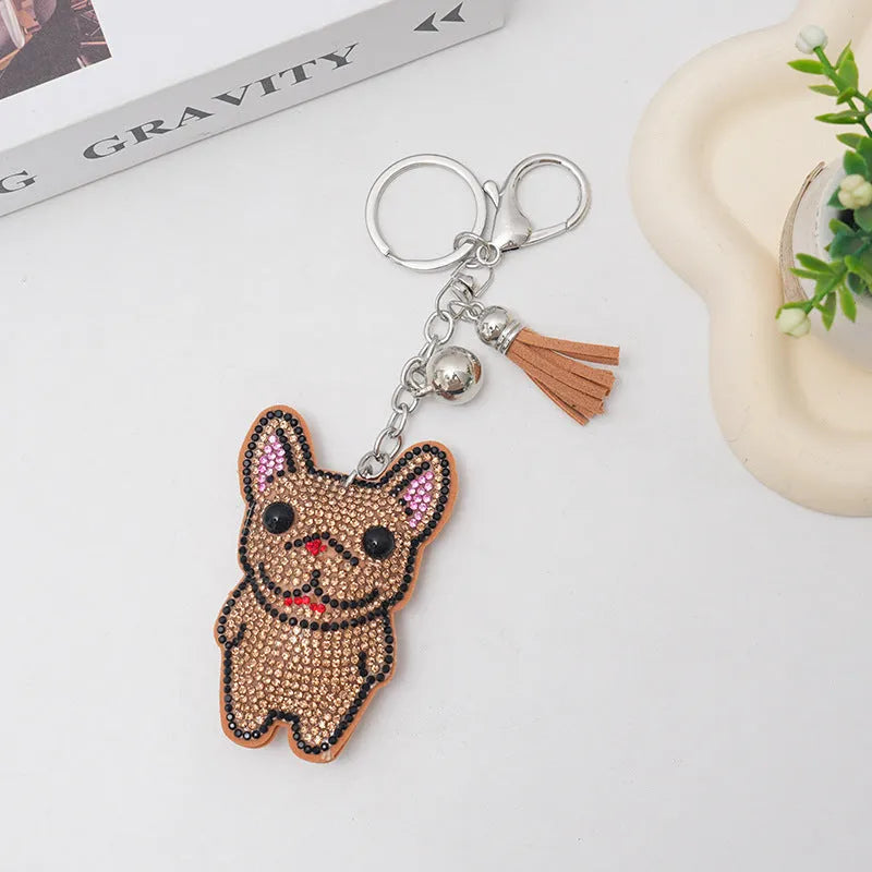 French dog rhinestone keychain with cartoon animal design and metallic electroplated finish