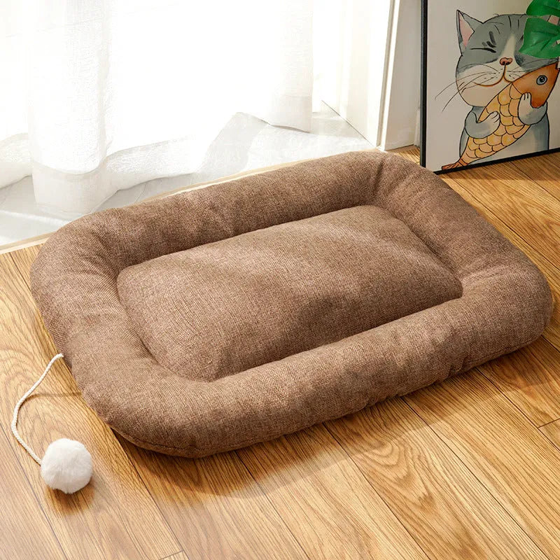 Brown cooling mat for small to medium-sized dogs in kennel setting with size dimensions shown