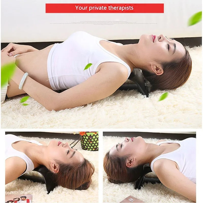 Black cervical traction neck massager with 10 magnetic dots and acupressure points