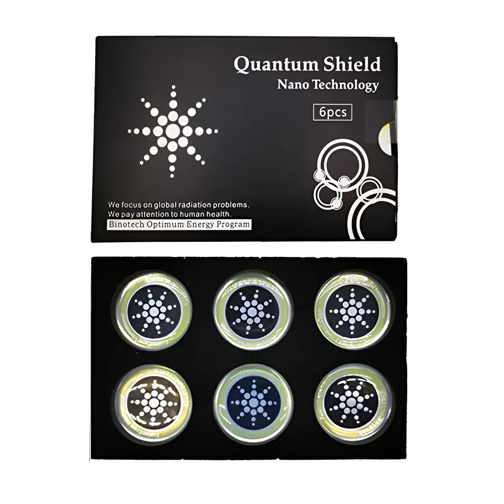 Six mobile phone anti-radiation stickers in gold and silver colours for electromagnetic protection