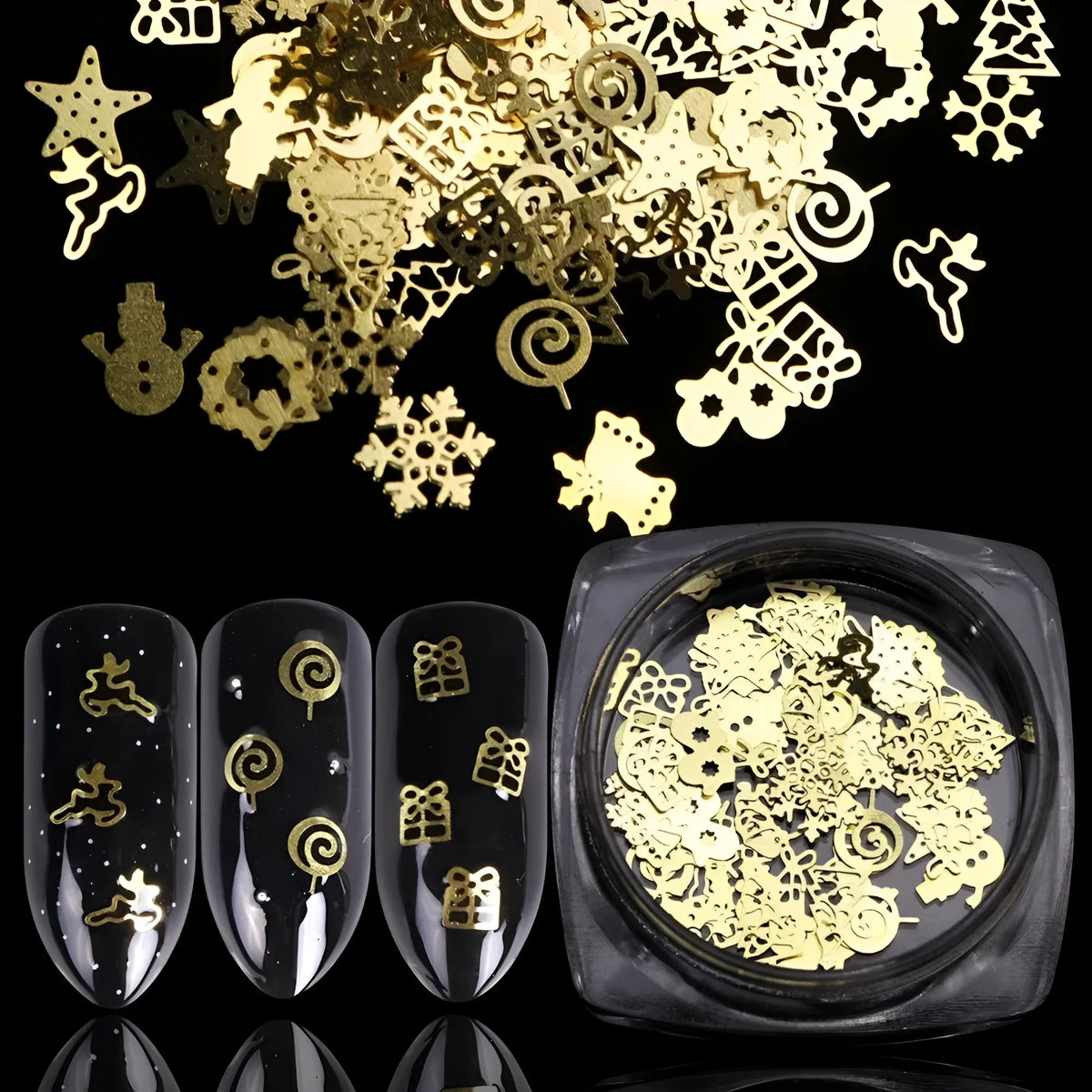 Gold metal Christmas nail art charms, 120 pieces in a box for festive manicures