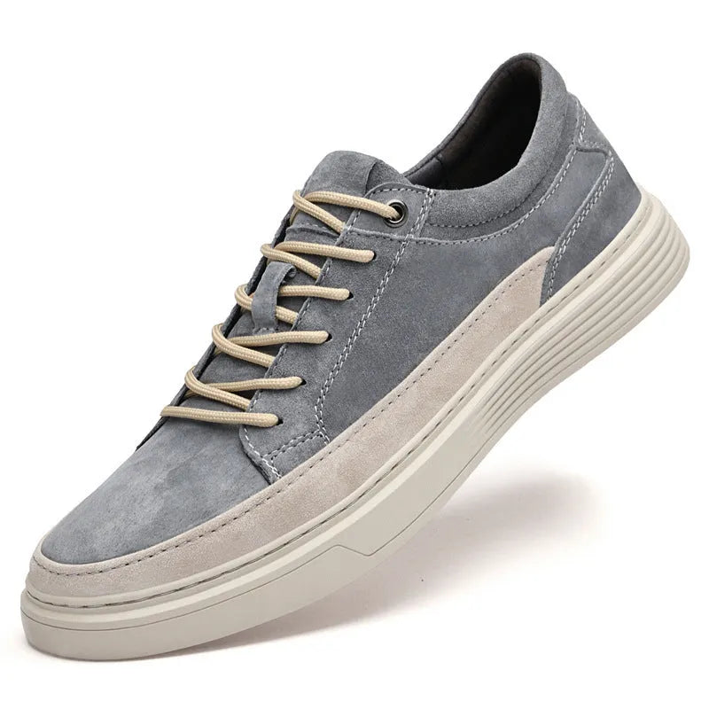 Men's grey casual leather sports shoes with rubber sole and lace-up front