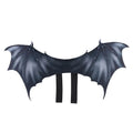 Black cloth bat wing costume for pets on a dog, showing three size options for Halloween.