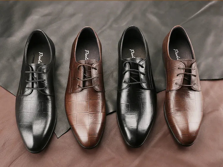 Men's black handmade cow leather derby shoes with a pointed toe and rubber sole.