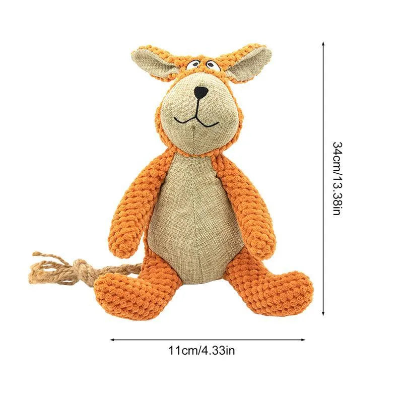 Soft plush dog chew toy in animal shape with internal squeaker for teeth cleaning and play.