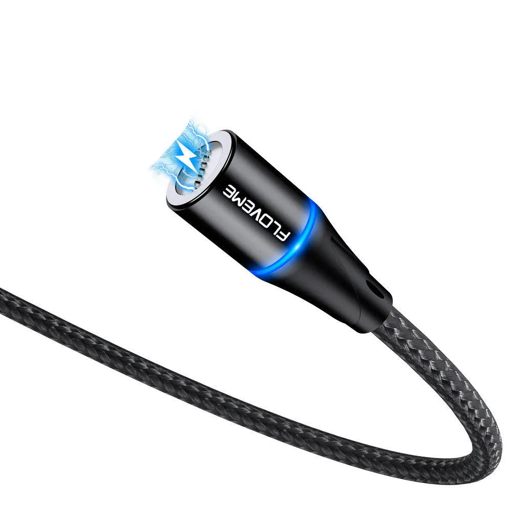 Black 3A fast charge magnetic data cable with 3-in-1 connector for iPhone, Android and Type-C.