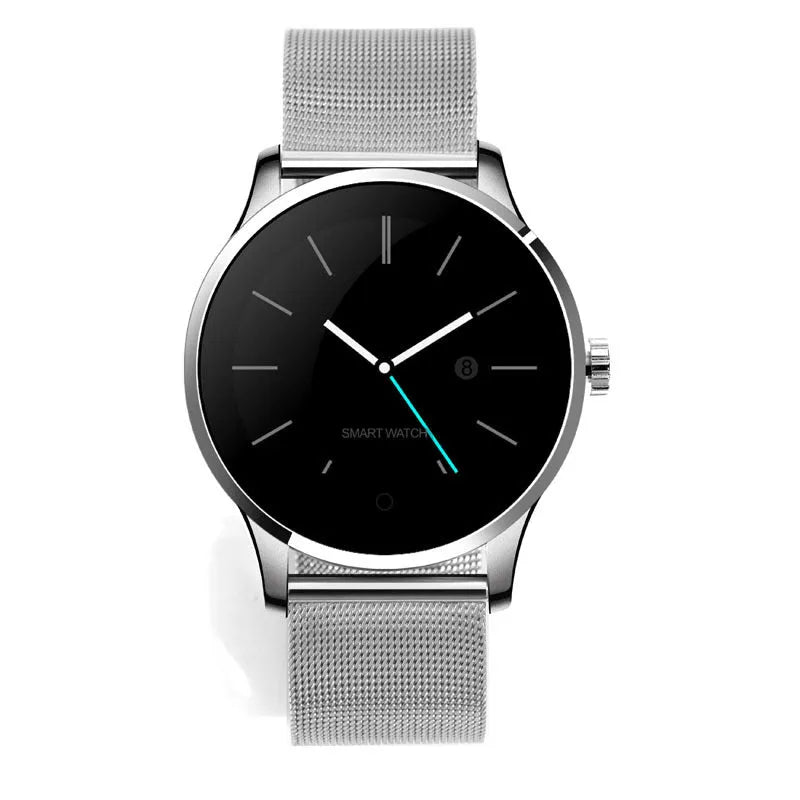 K88H smartwatch in silver with steel strap showing 1.3-inch IPS screen displaying heart rate data.