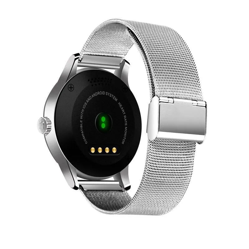 K88H smartwatch in silver with steel strap showing 1.3-inch IPS screen displaying heart rate data.