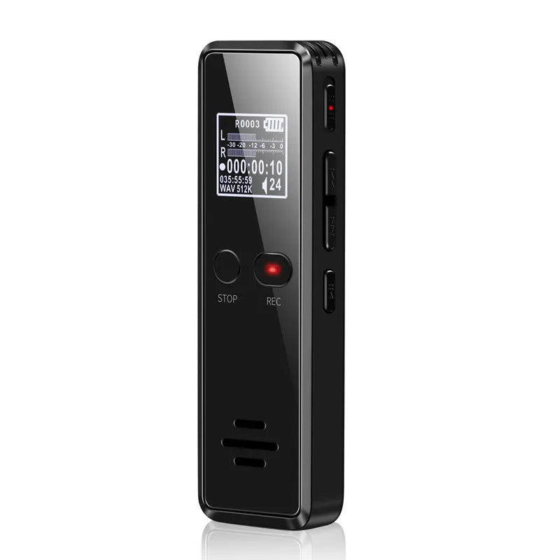Black zinc alloy USB voice recorder and MP3 player showing LCD screen and USB connector