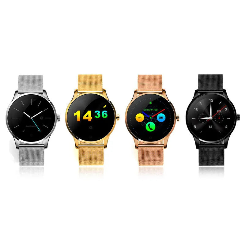 K88H smartwatch in silver with steel strap showing 1.3-inch IPS screen displaying heart rate data.