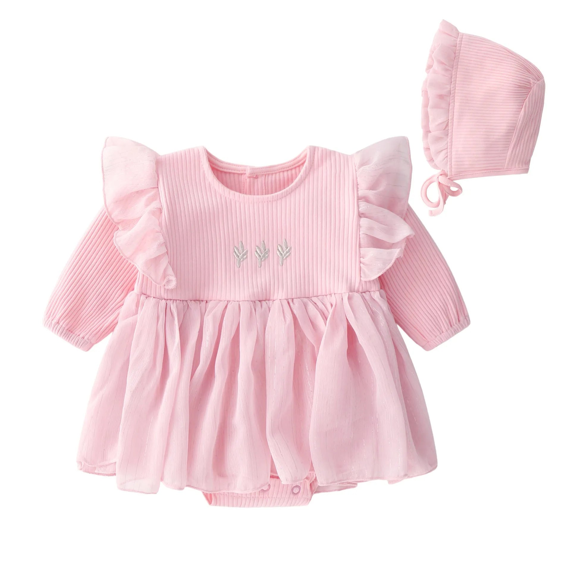Soft cotton fluffy baby princess dress in pink, shown on a hanger.
