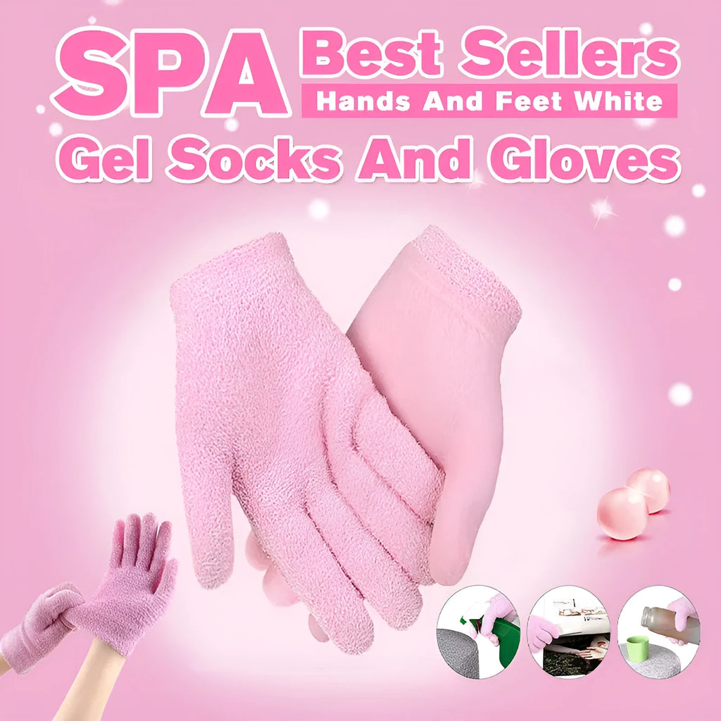 Reusable gel hand mask and foot mask set in pink or green with cotton spandex and vitamin E gel lining