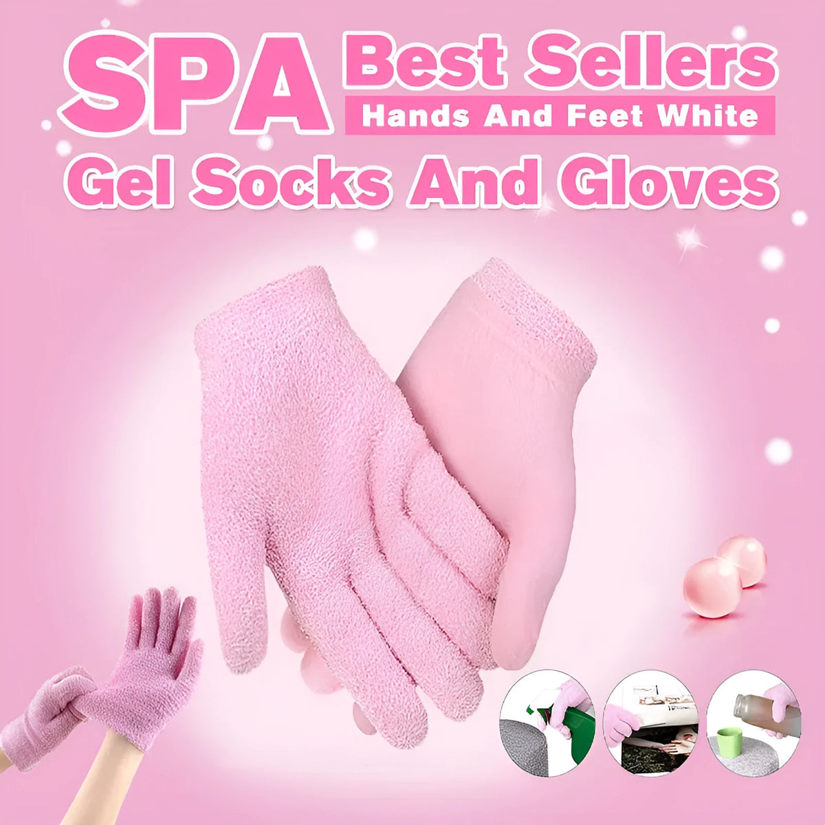 Reusable gel hand mask and foot mask set in pink or green with cotton spandex and vitamin E gel lining