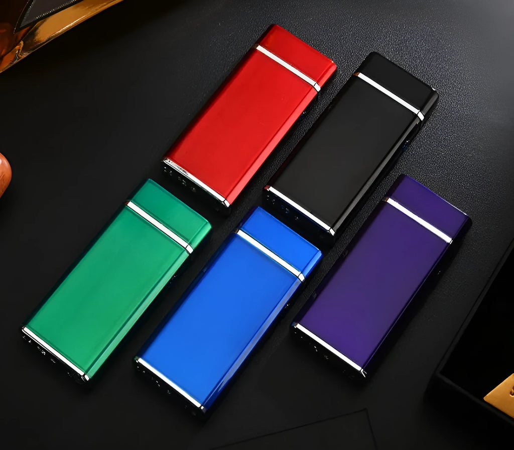 USB rechargeable metal lighter in matte black finish, 75mm length, electric arc tip