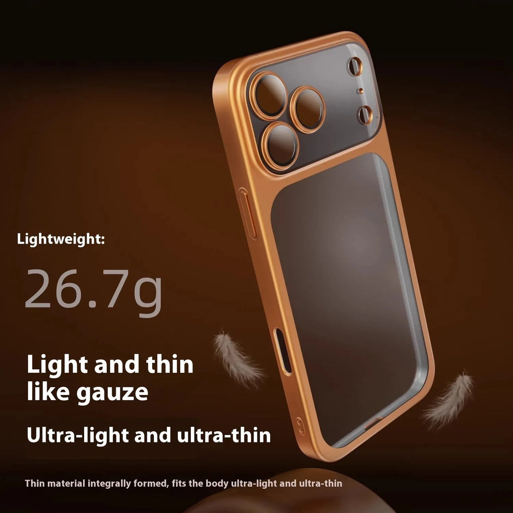 Frosted electroplated iPhone 17 phone case in Desert Gold colour showing all-inclusive design.