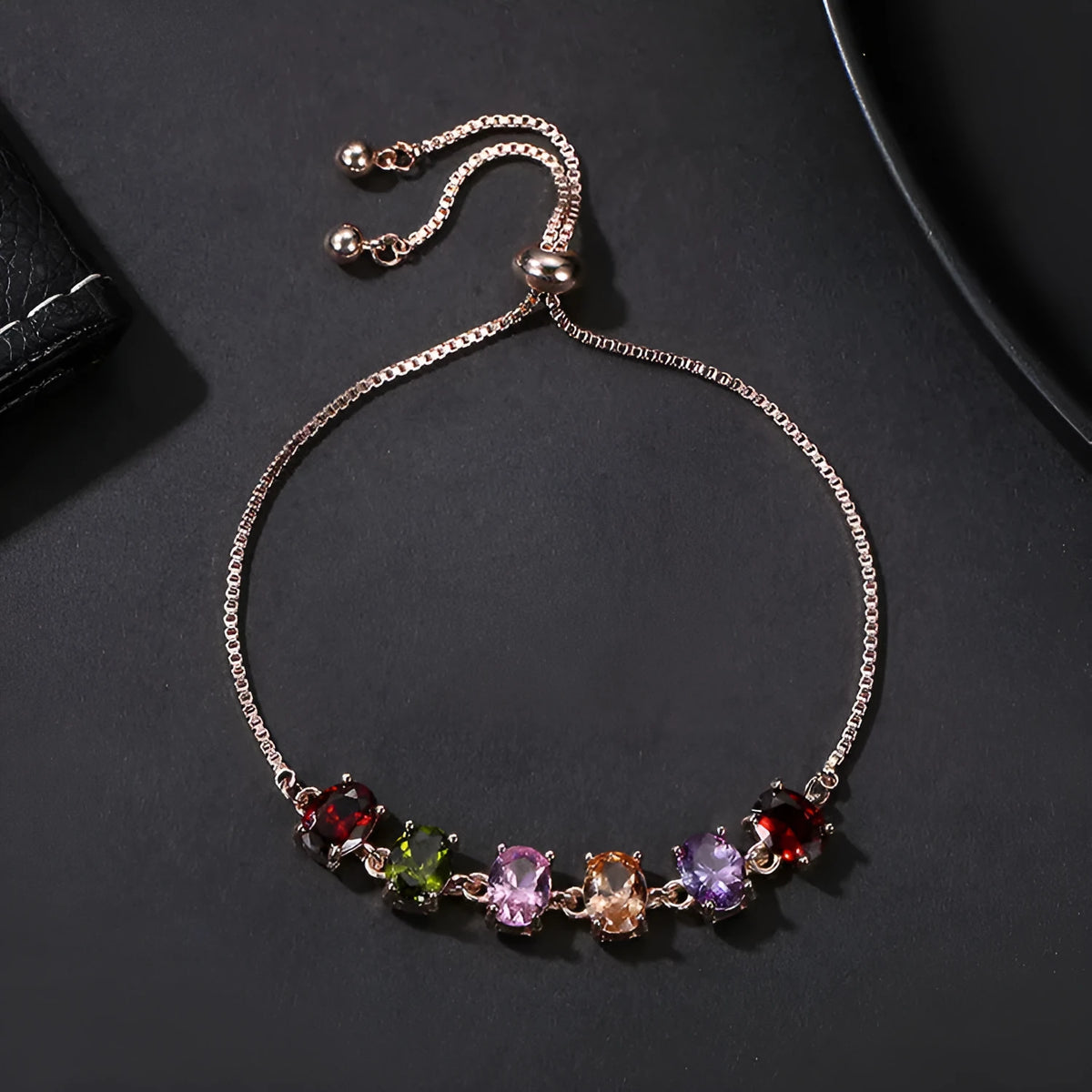 Copper zircon bracelet with geometric inlaid glass stones in water drop oval rectangular round and square shapes