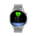 Round smart watch with black aluminium alloy case showing touch screen display with fitness metrics