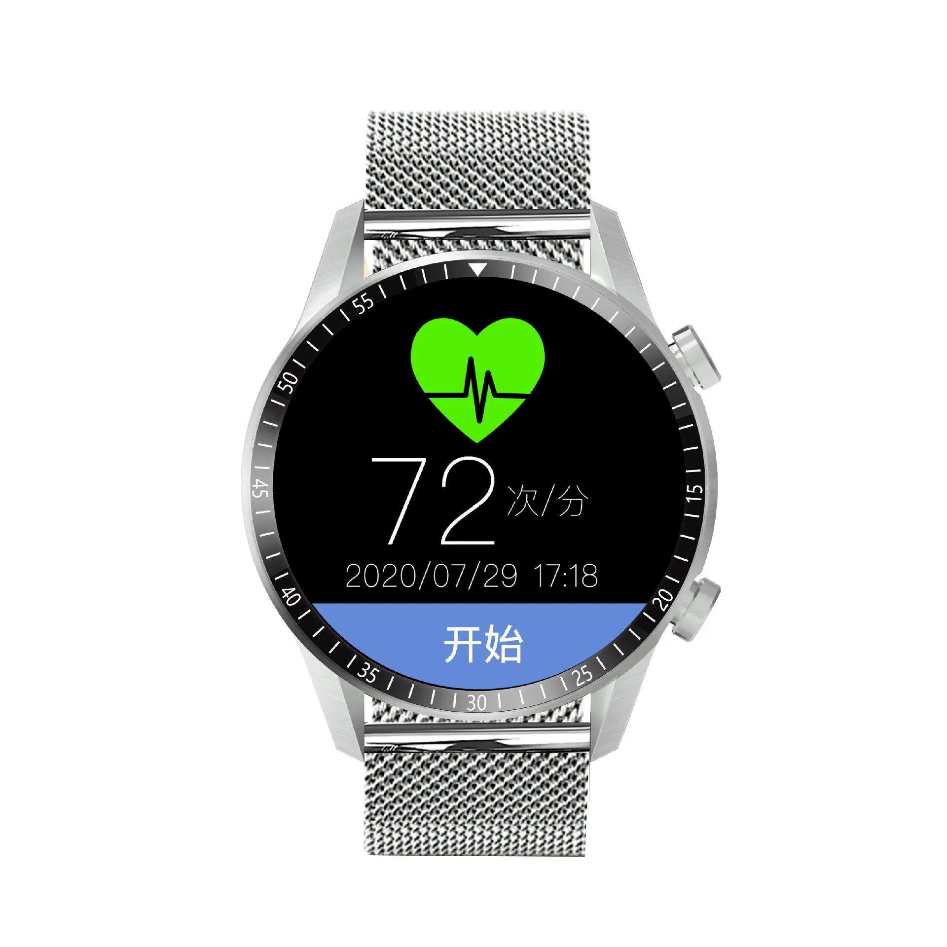 Round smart watch with black aluminium alloy case showing touch screen display with fitness metrics