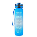 Clear transparent 1000ml sports water bottle with blue lid and removable fruit infuser inside.