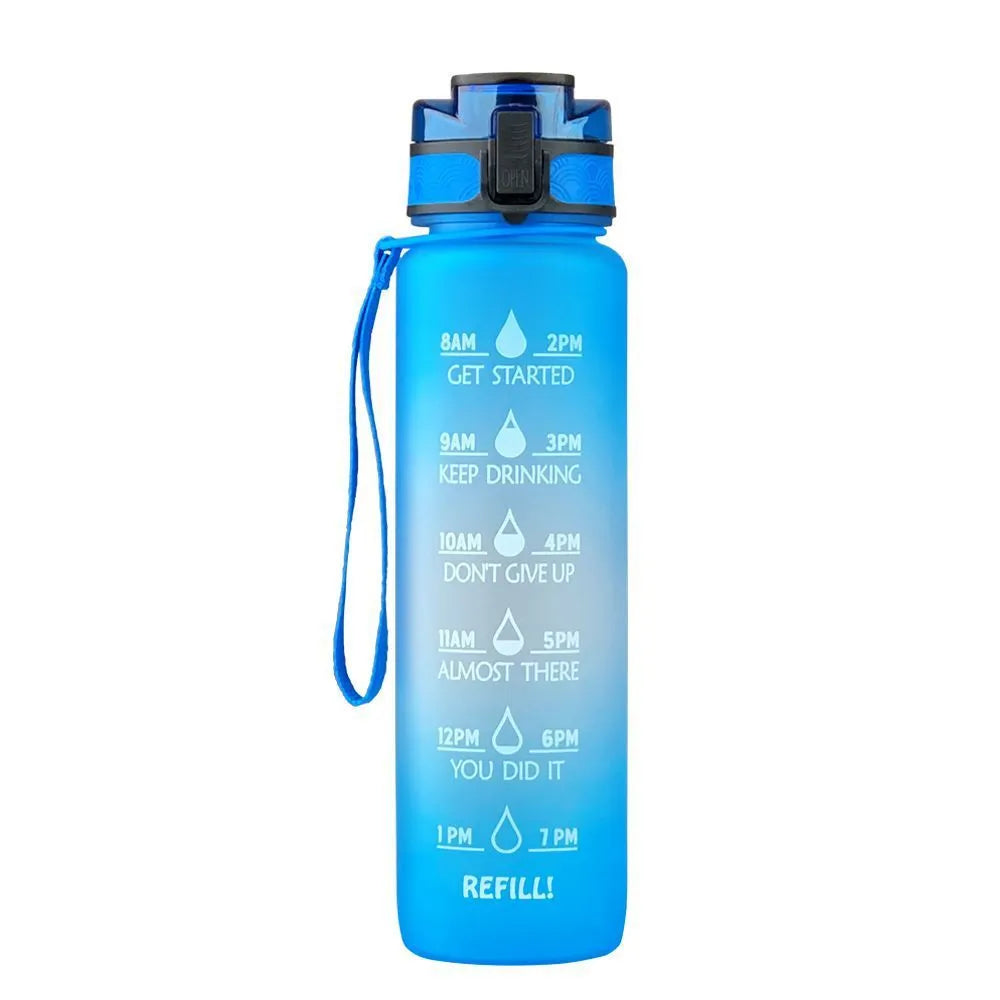 Clear transparent 1000ml sports water bottle with blue lid and removable fruit infuser inside.