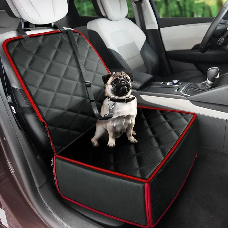 A black non-slip car pet pad for dogs placed on a grey car front seat.