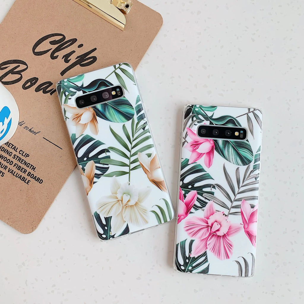 Samsung smartphone TPU case with green leaf flower pattern on back cover