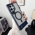 Folding metal bracket phone case for Samsung S23 in black with frosted skin-feel finish and magnetic function