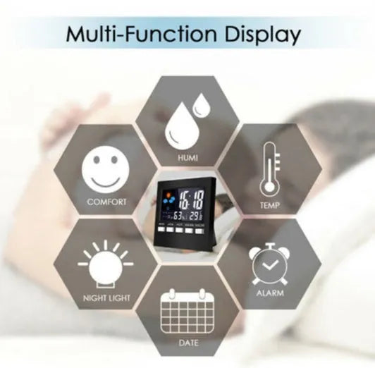 Black ABS multifunctional alarm clock with thermometer, humidity monitor, colour weather forecast, blue backlight