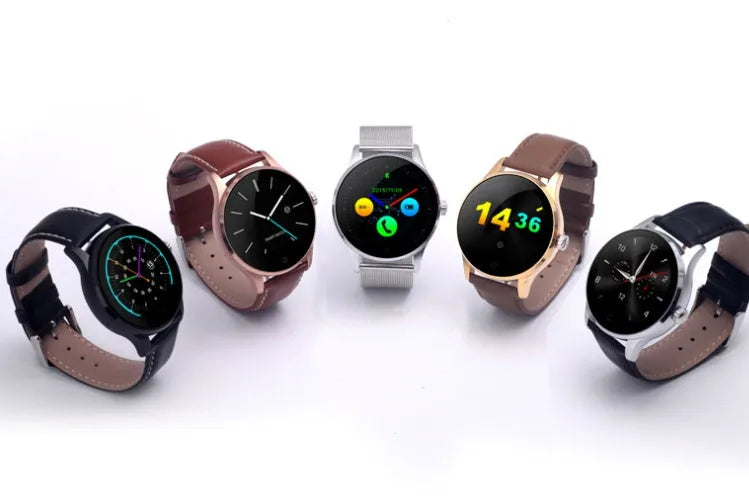 K88H smartwatch in silver with steel strap showing 1.3-inch IPS screen displaying heart rate data.