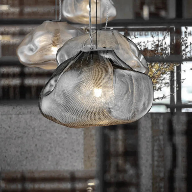 Modern glass chandelier with LED lighting in amber, clear or smoke grey colour options