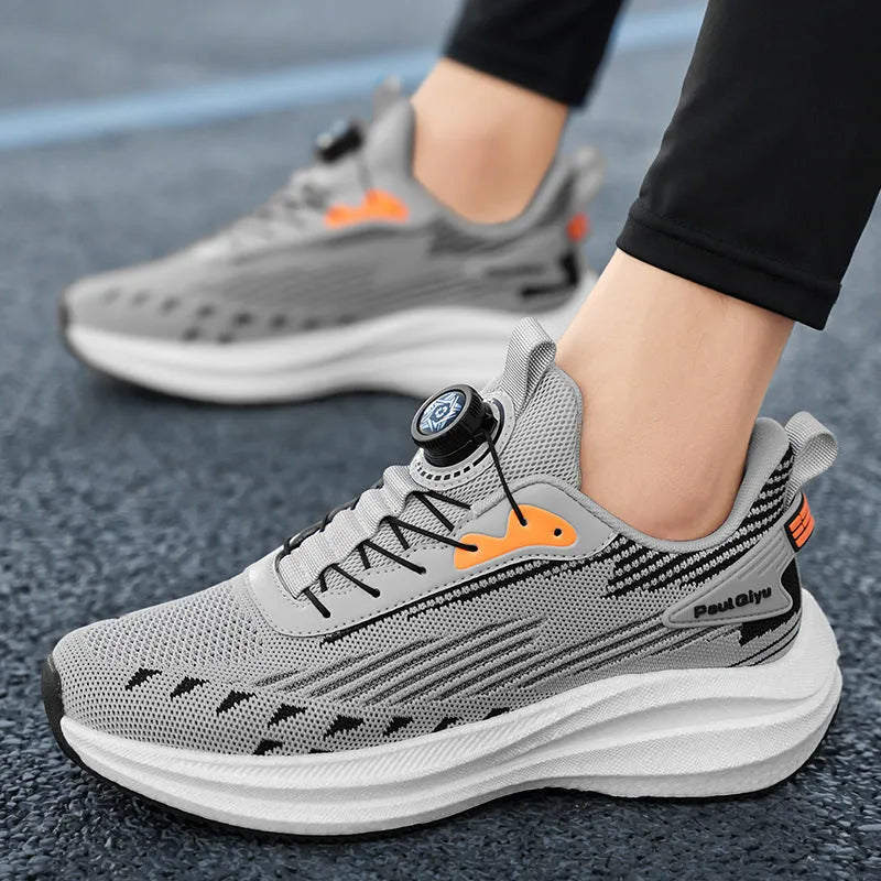 Men's rotating buckle Fly-kit mesh sports running shoes in black, gray, or white and green colour options