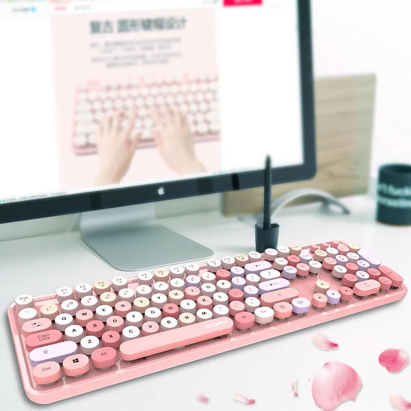 Wireless keyboard and mouse set in lipstick pink colour with USB receiver, multimedia keys, and 1600DPI optical mouse