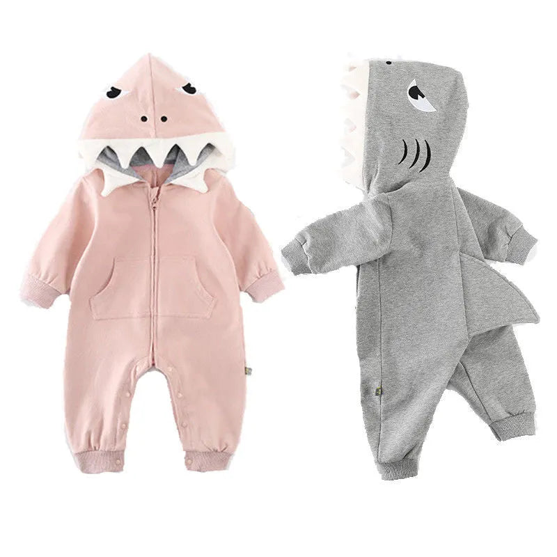 Children's cartoon shark hooded robe in gray, with zipper closure and long sleeves