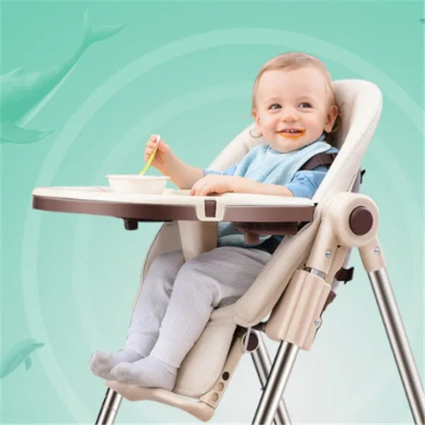 Sky blue portable baby chair for toddlers on a wooden floor.