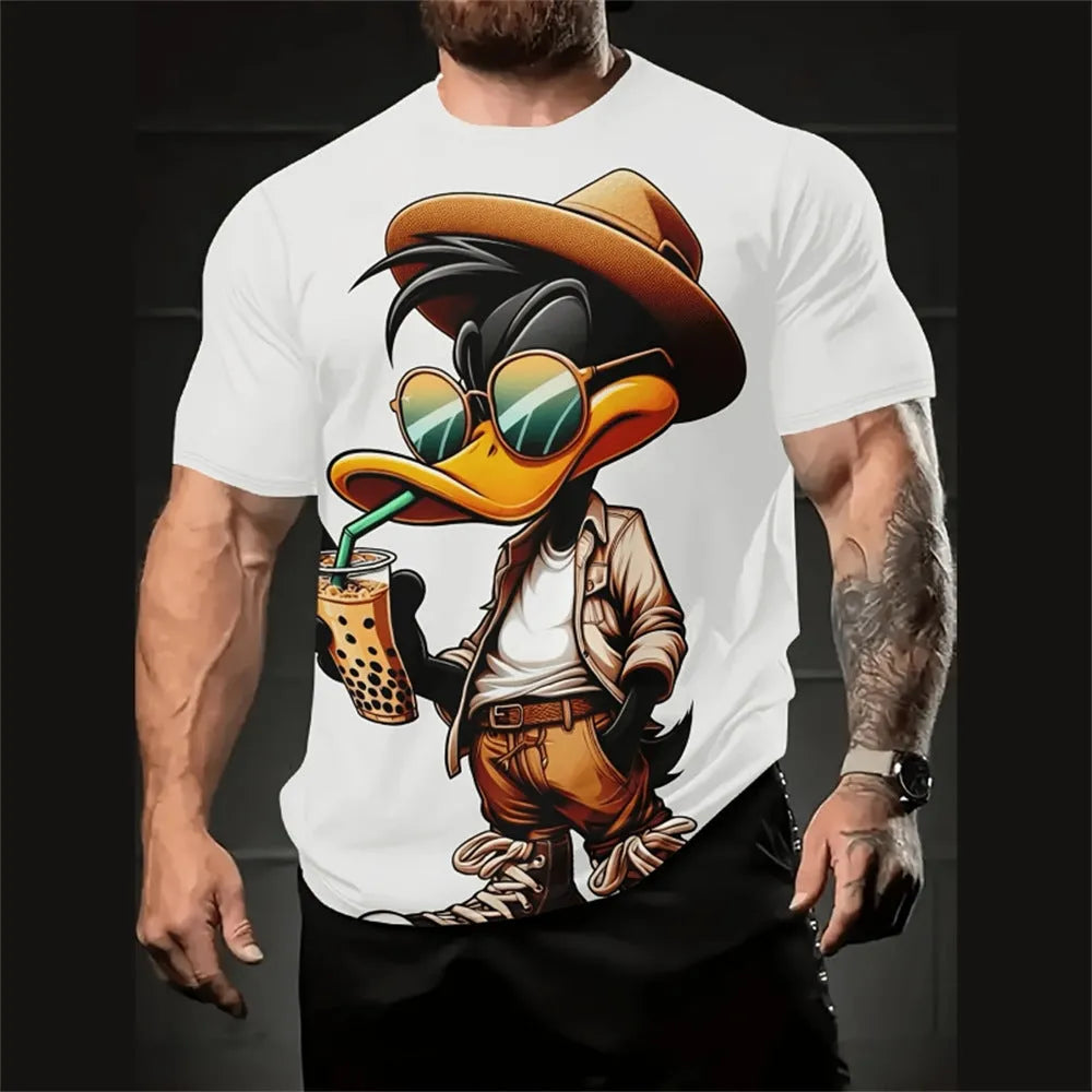 Men's loose fit short sleeve shirt with 3D cartoon print in milk silk fabric