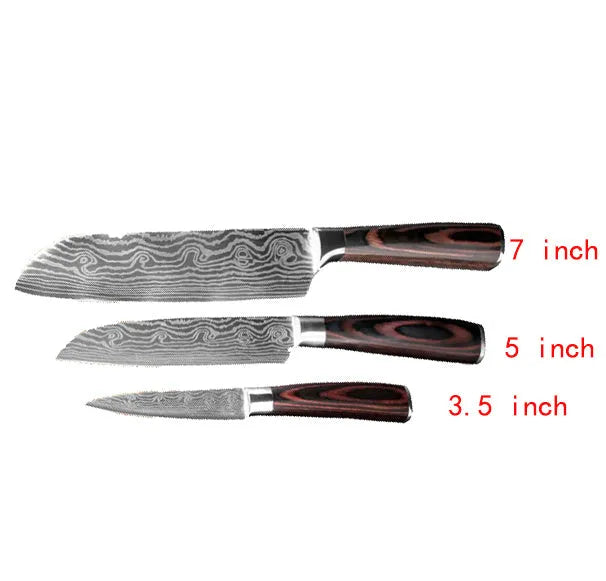 7Cr17 stainless steel kitchen knife with Damascus patterned 18 cm blade and coloured wood handle
