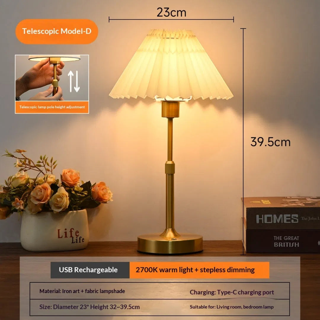 Retro French fabric metal table lamp with D-type telescopic design, warm light, 2000mAh or 5000mAh charging model.