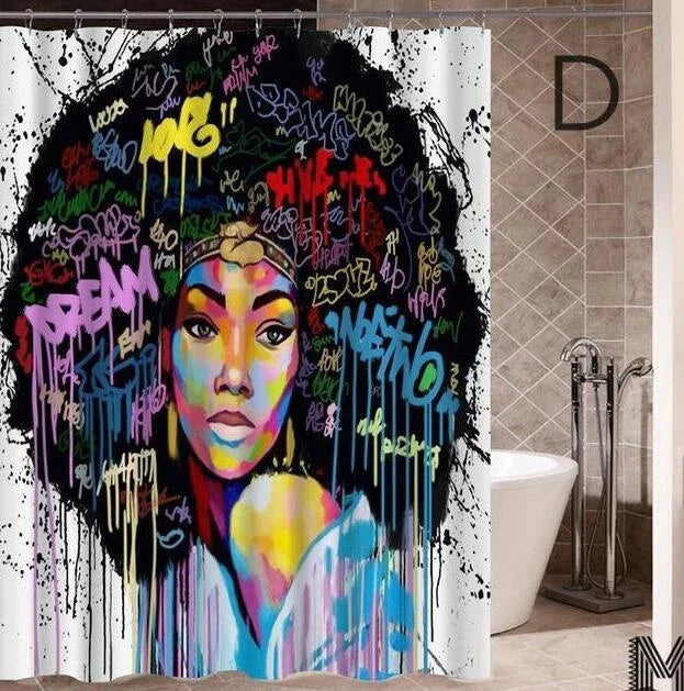 Vibrant Afro-urban printed shower curtain with modern building and African girl design