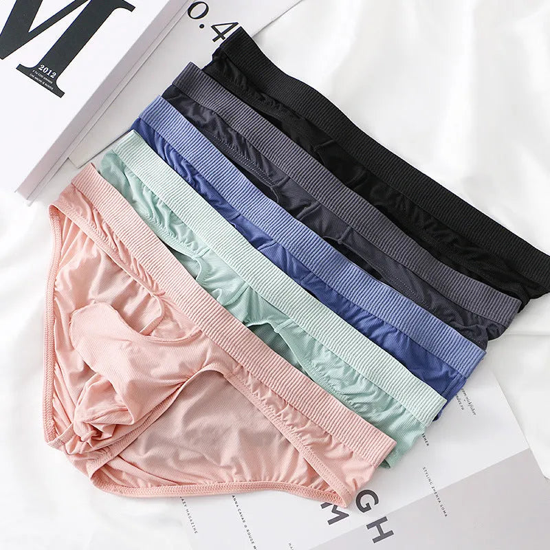 Men's low waist briefs underwear in Ice Silk fabric showing colour options: black, grey, purple blue, light green, pink.