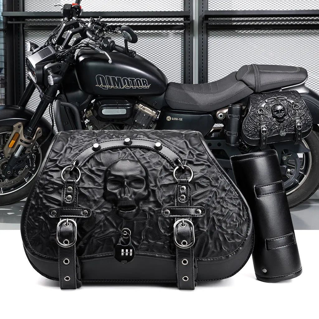 Black waterproof PU leather motorcycle saddlebags with mounting hardware for Harley Davidson modifications