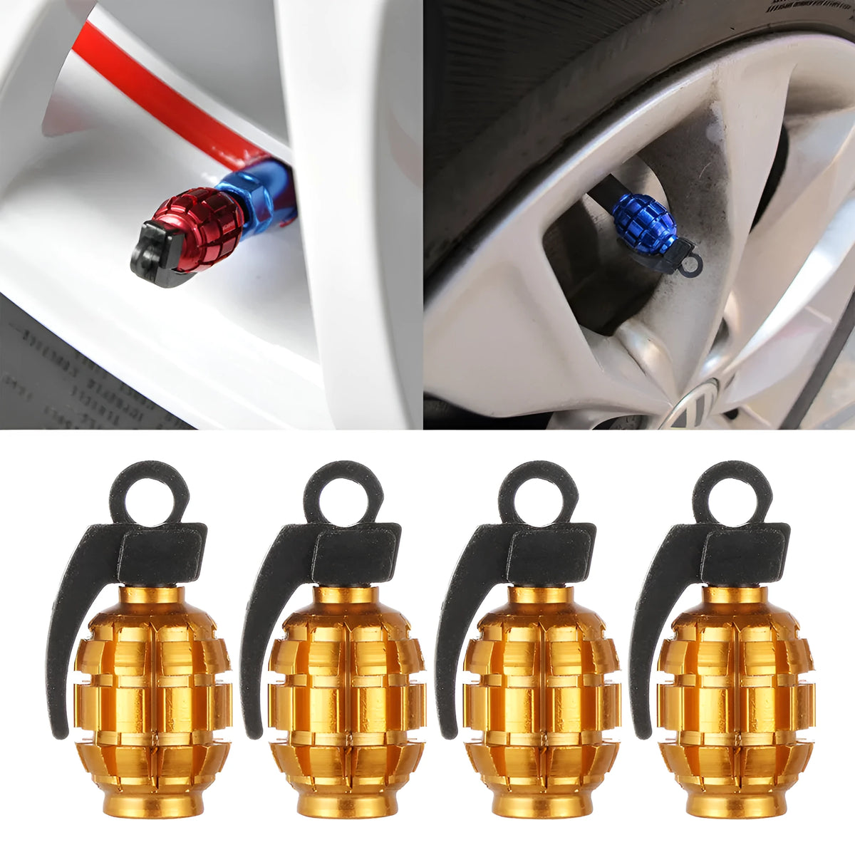 Two car tyre valve caps in red, blue, and gold colours on a white background