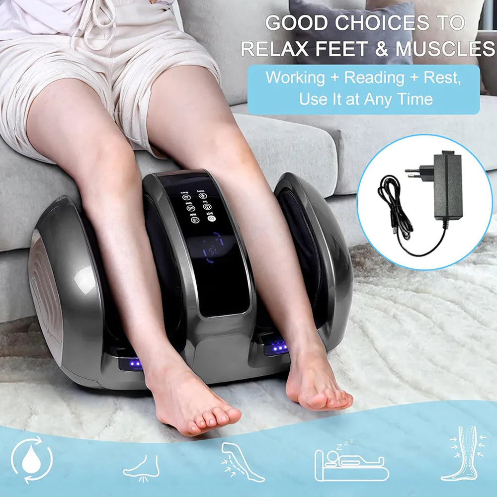 Black 3D foot and calf massager with heat, remote control, and removable washable cloth cover