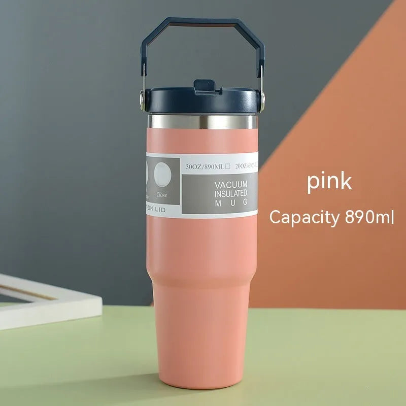 30oz insulated stainless steel tumbler in dark pink with handle cover and splash-proof lid