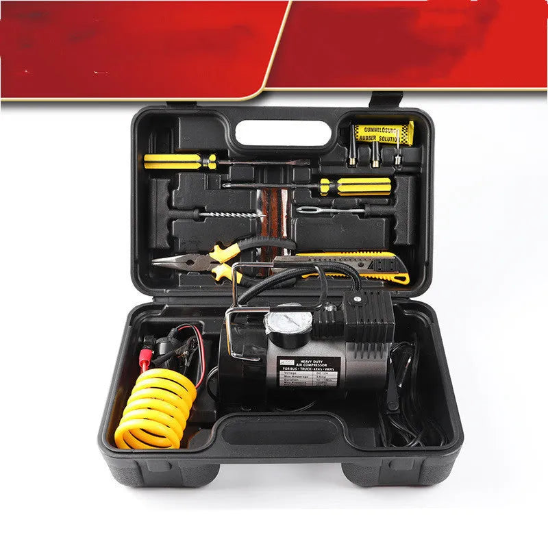 Multifunctional 12V electric car tire repair kit tool box with air compressor and inflation nozzles for tires and inflatables