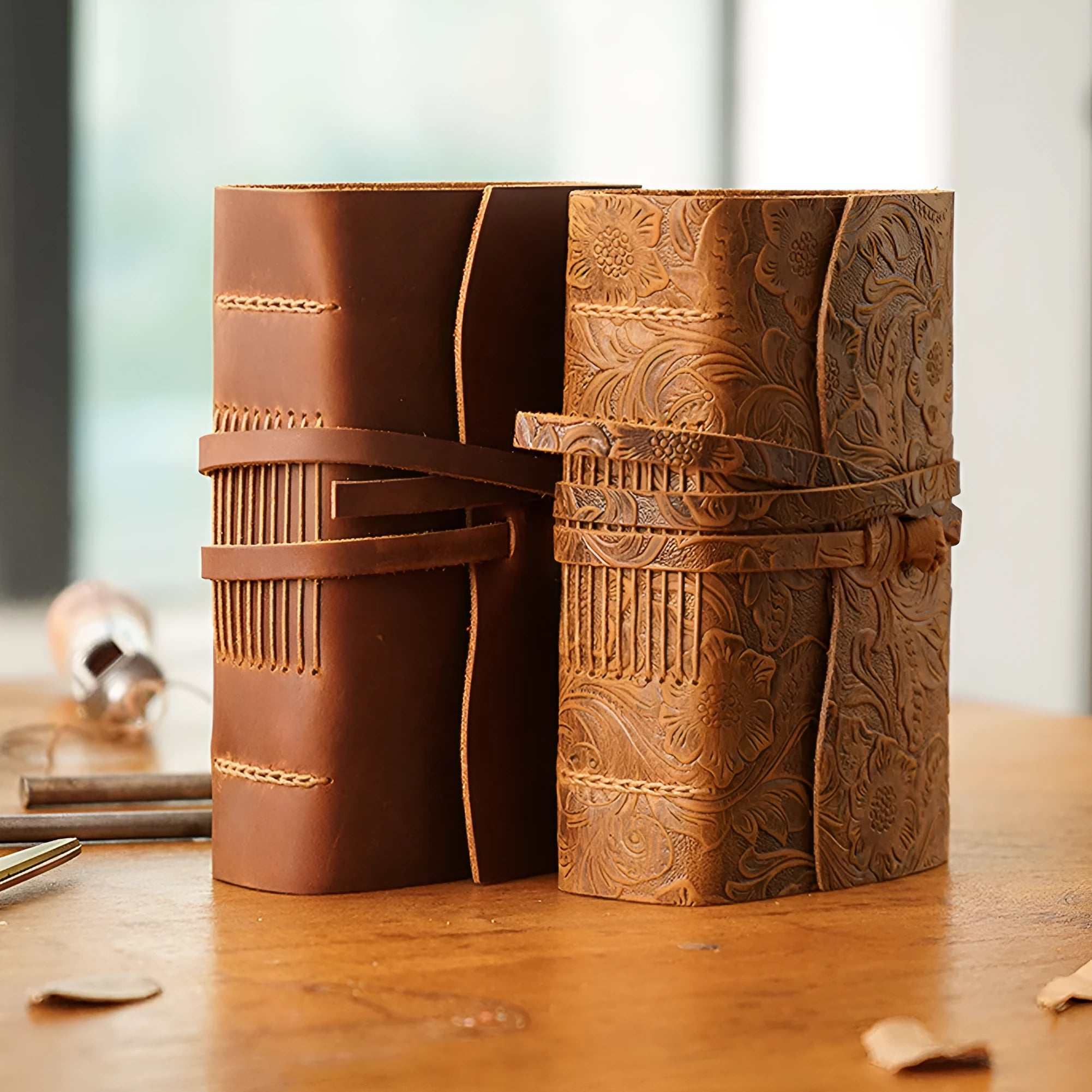 Real leather notebook in crazy horse brown with pure manual binding and 120gsm kraft paper pages measuring 100x155mm