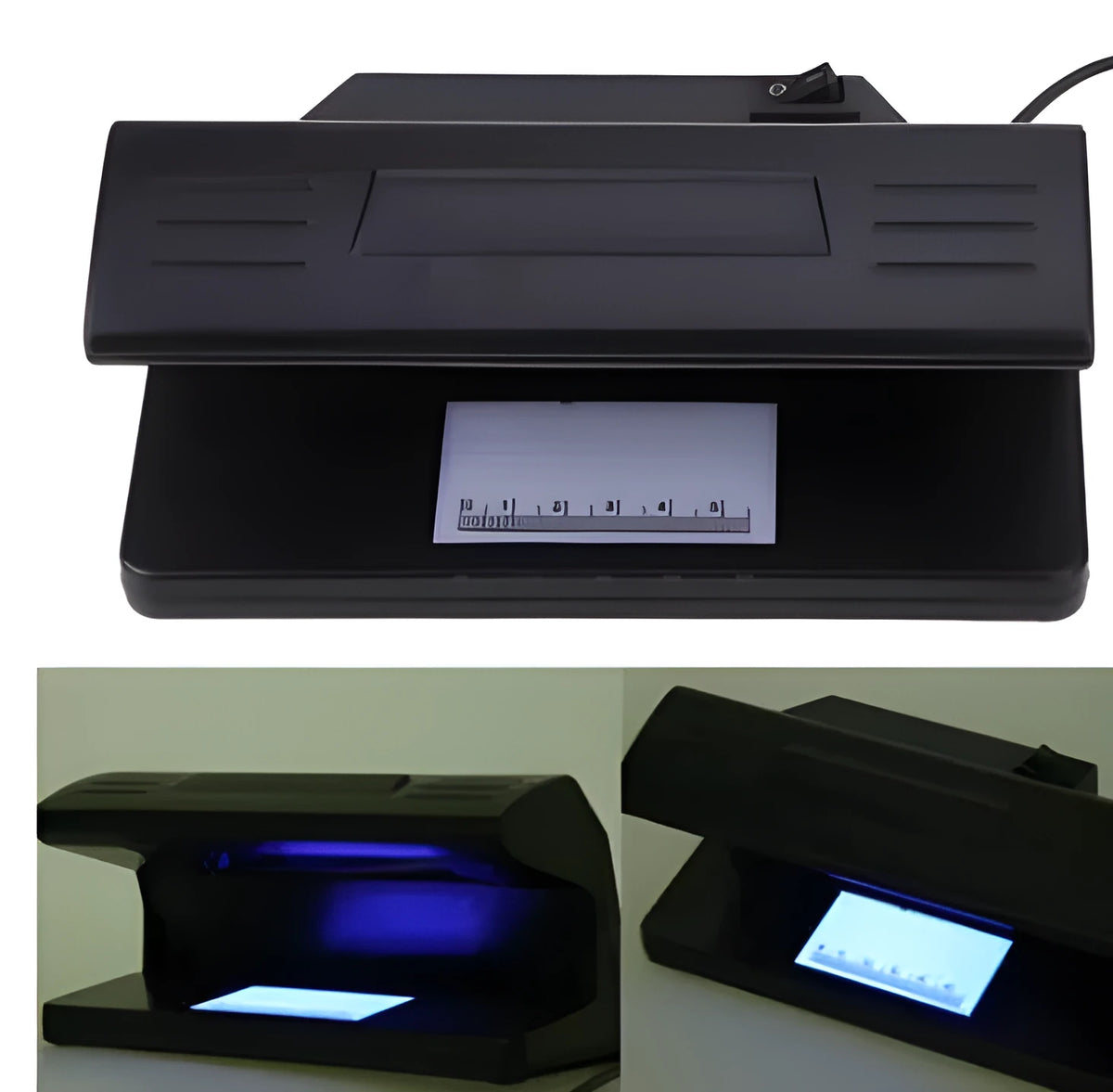 Black 4W UV light money detector checker with EU plug on a desk