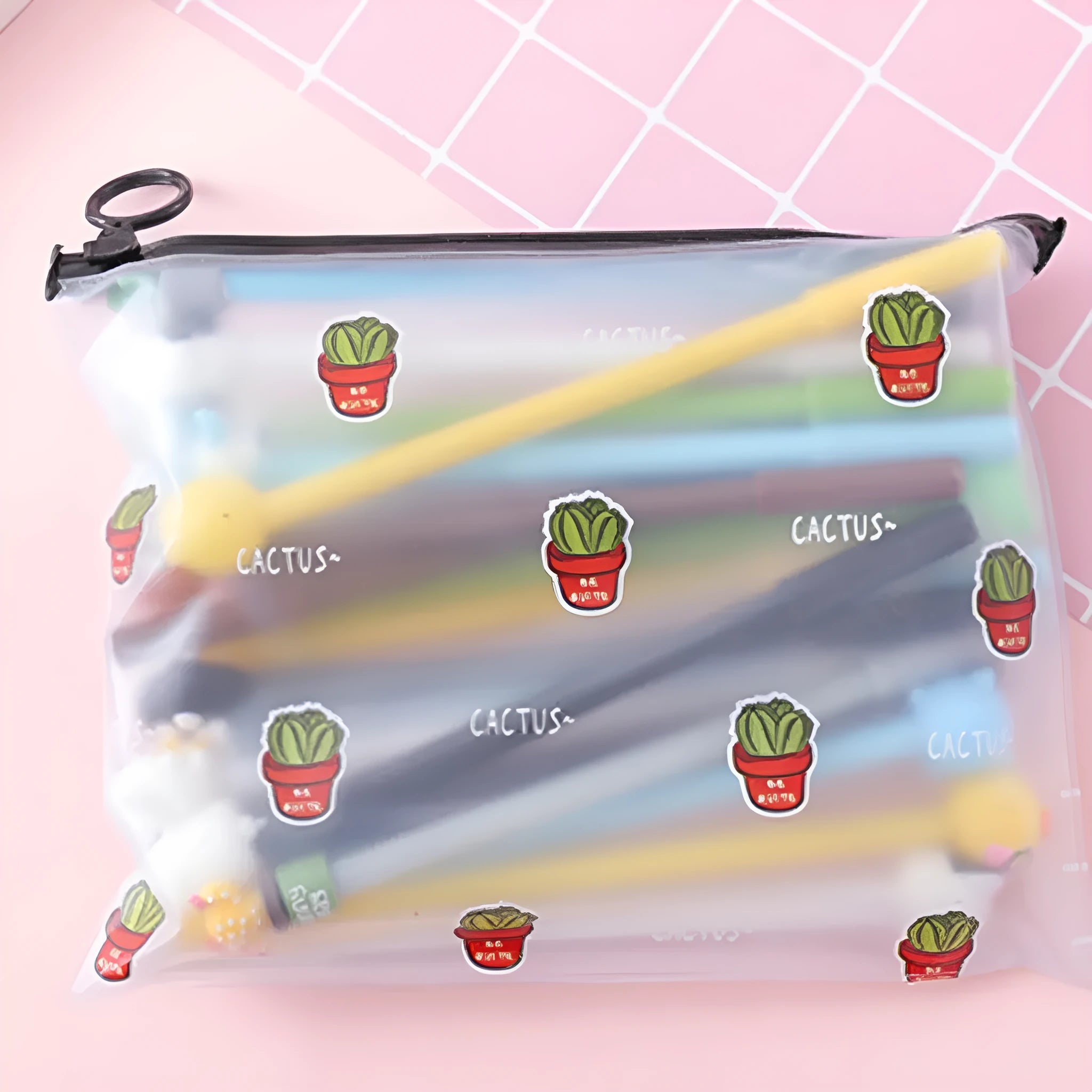 20 black 0.5mm gel pens in Marvel cartoon cactus character plastic case measuring 21 by 17cm
